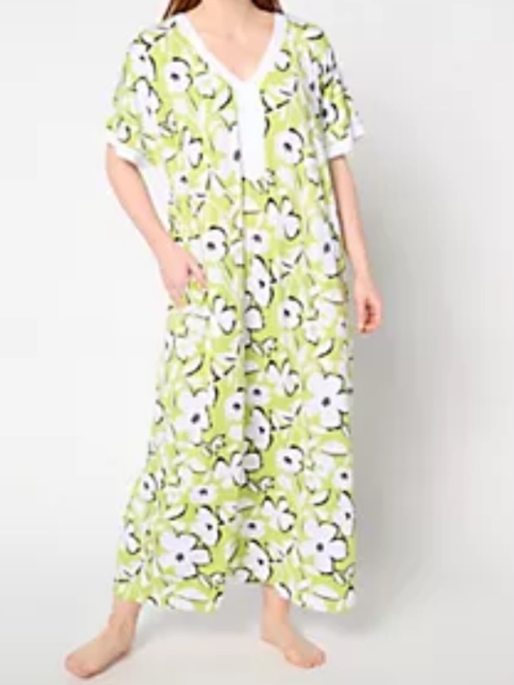 Women's Lime Green Floral Nightgown with White Trim